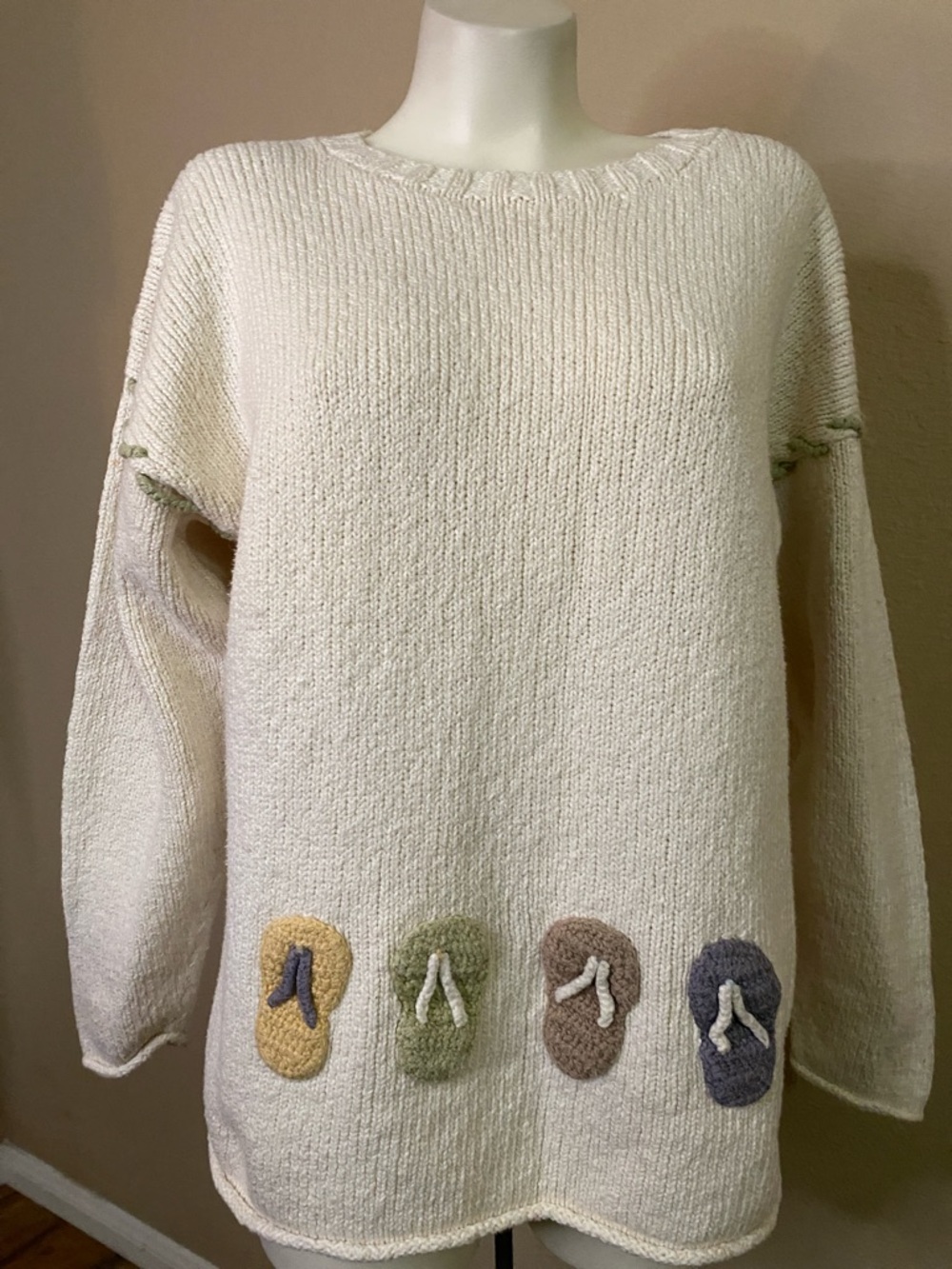Monterey Bay 100% cotton knit Cream Crewneck beachwear Sweater L 🏄🏻‍♀️💕